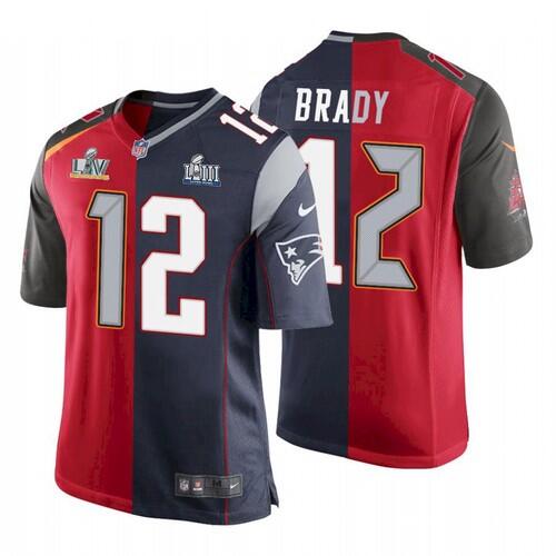 Men's Tampa Bay Buccaneers #12 Tom Brady Red Navy NFL Super Bowl Split GOAT Stitched Jersey